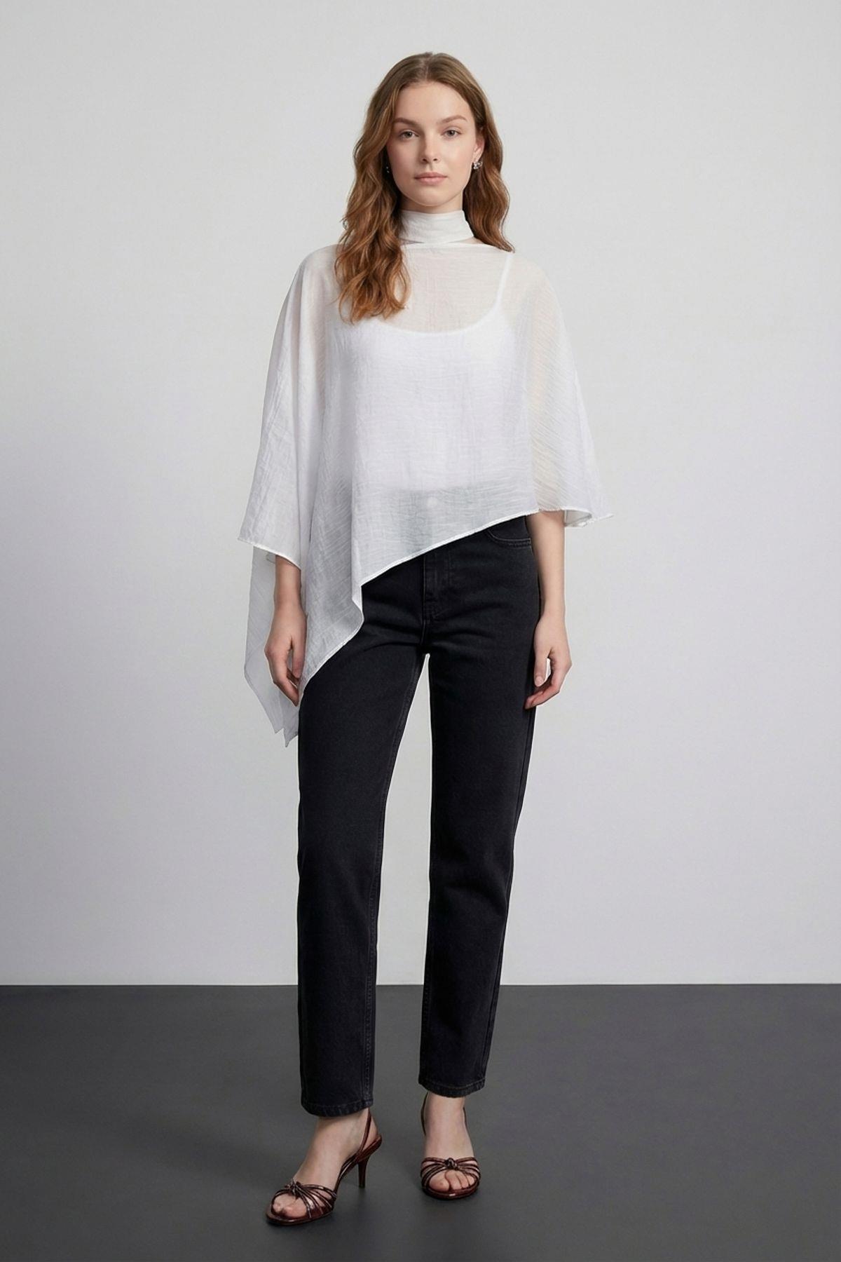 Quzu Fularlı Panço Bluz Ekru