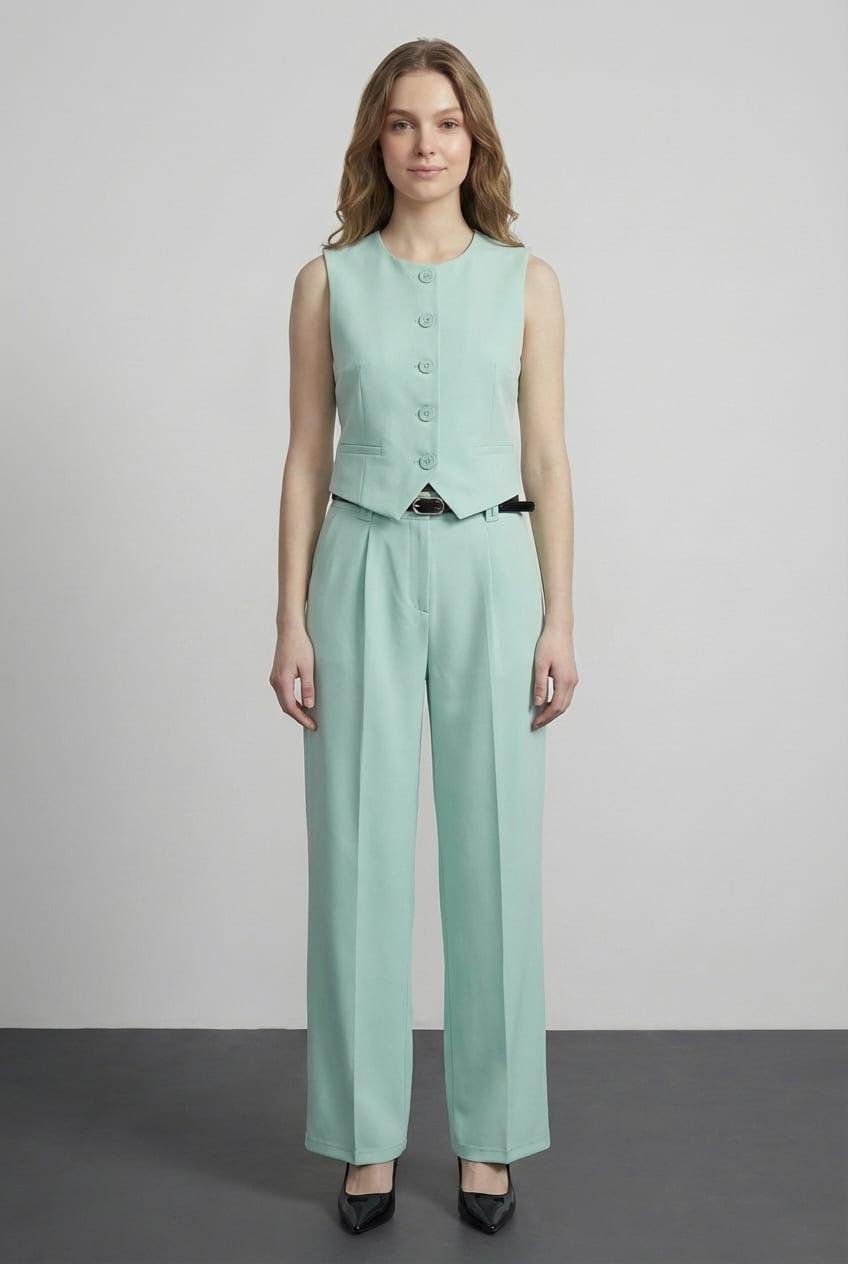 Quzu Kemer Detaylı Pantolon Mint