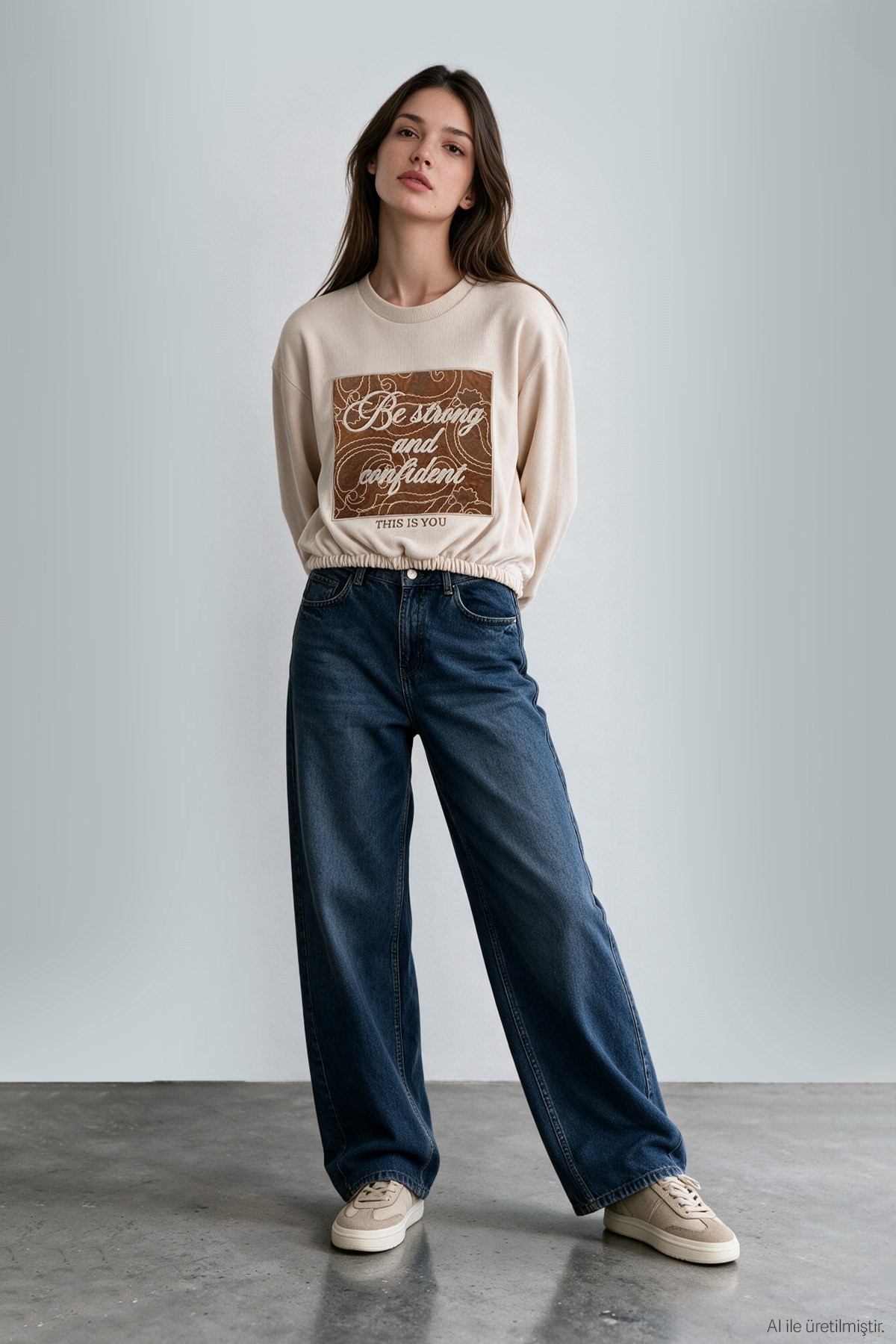 Quzu Nakış Detaylı Sweatshirt Bej