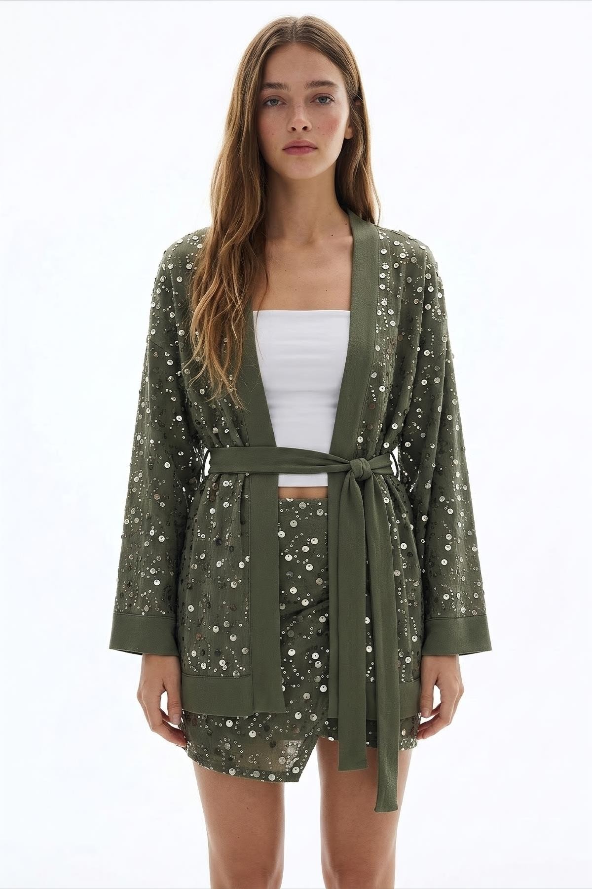 Quzu Nakışlı Kuşak Detaylı Kimono Haki