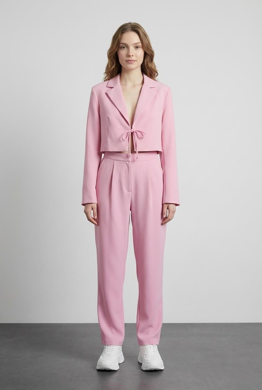 Quzu Önü Bağlamalı Crop Ceket Pembe