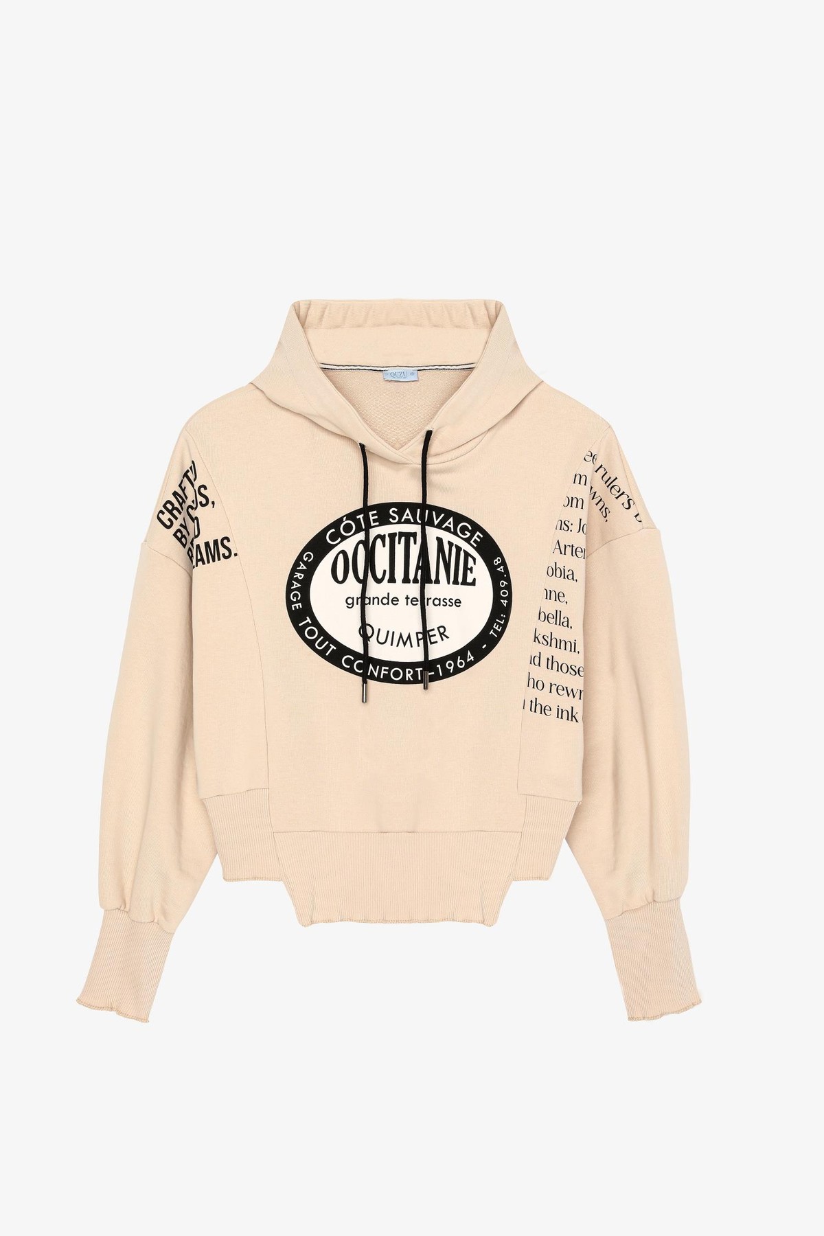 Quzu Önü Baskılı Kapüşonlu Sweatshirt Taş