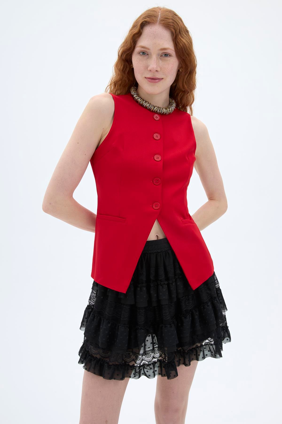 Quzu Önü Düğmeli Yelek Kırmızı