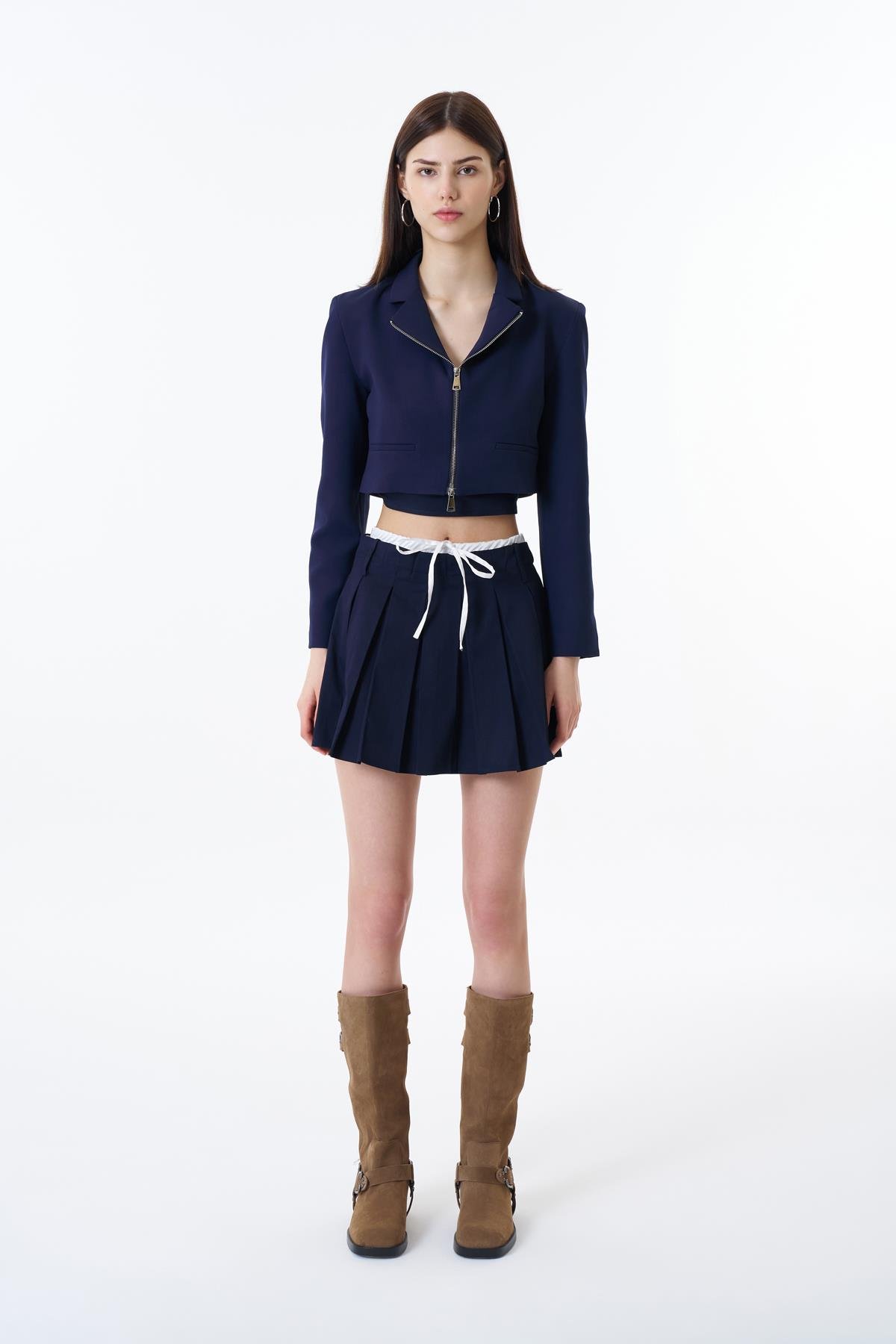 Quzu Önü Fermuarlı Crop Ceket Lacivert