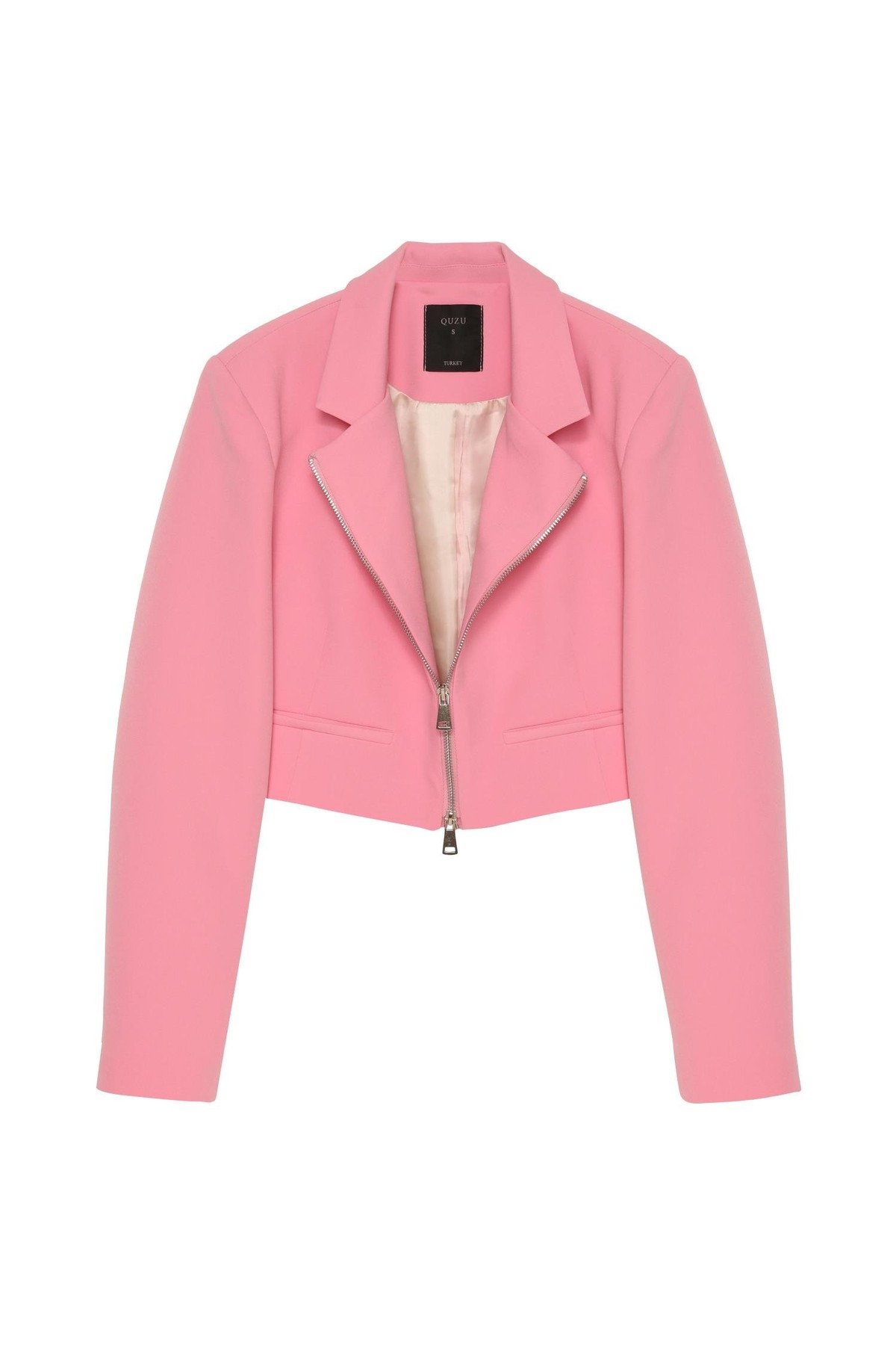 Quzu Önü Fermuarlı Crop Ceket Pembe