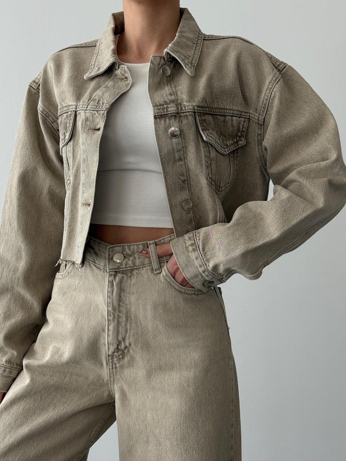 Quzu Oversize Crop Ceket Açık Haki