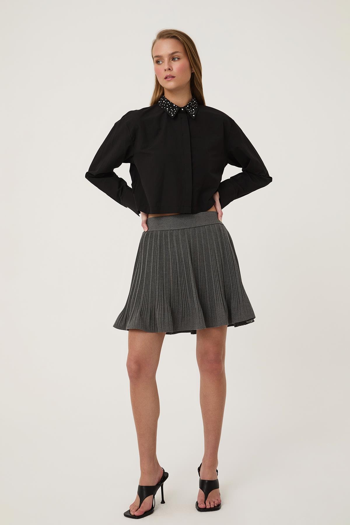 Quzu Pile Detaylı Etek Koyu Gri