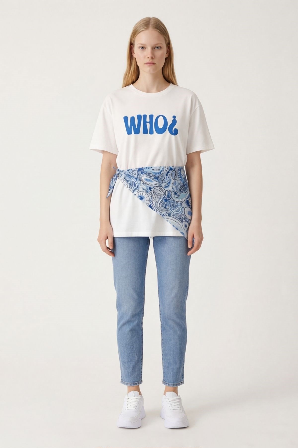 Quzu Şal Detaylı T-shirt Ekru