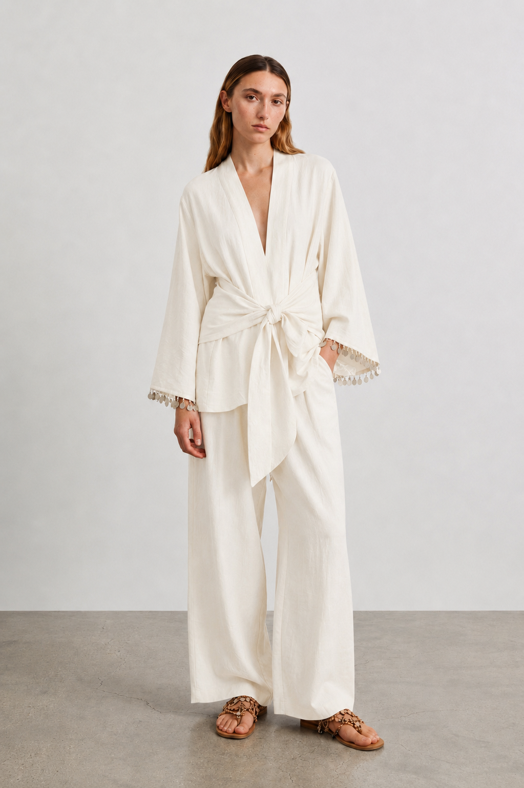 Quzu Şerit Detaylı Kimono Ekru