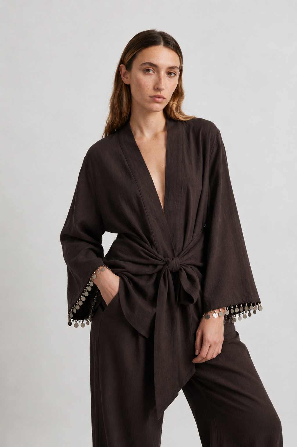 Quzu Şerit Detaylı Kimono Kahve