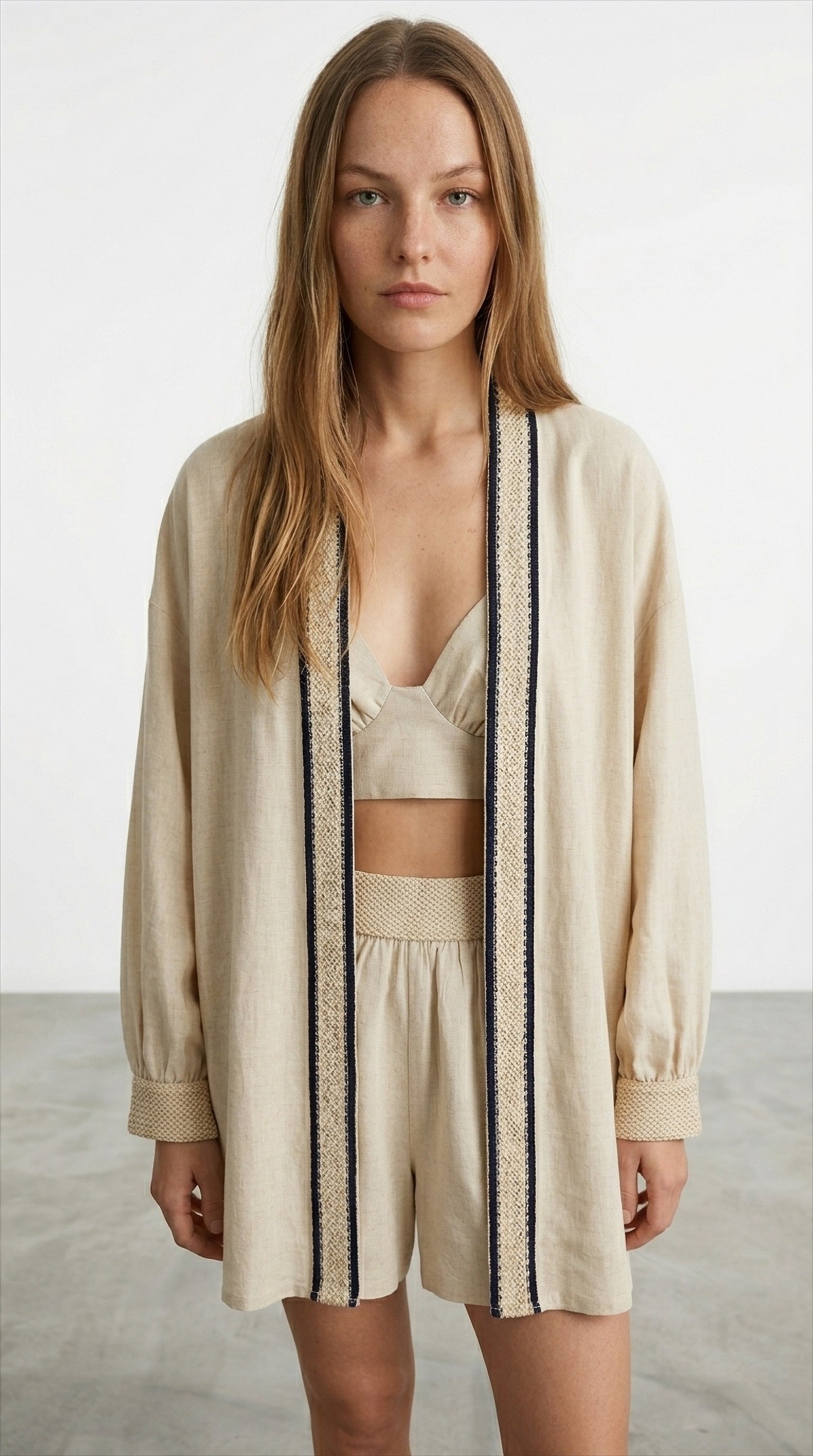 Quzu Şerit Detaylı Kimono Natur