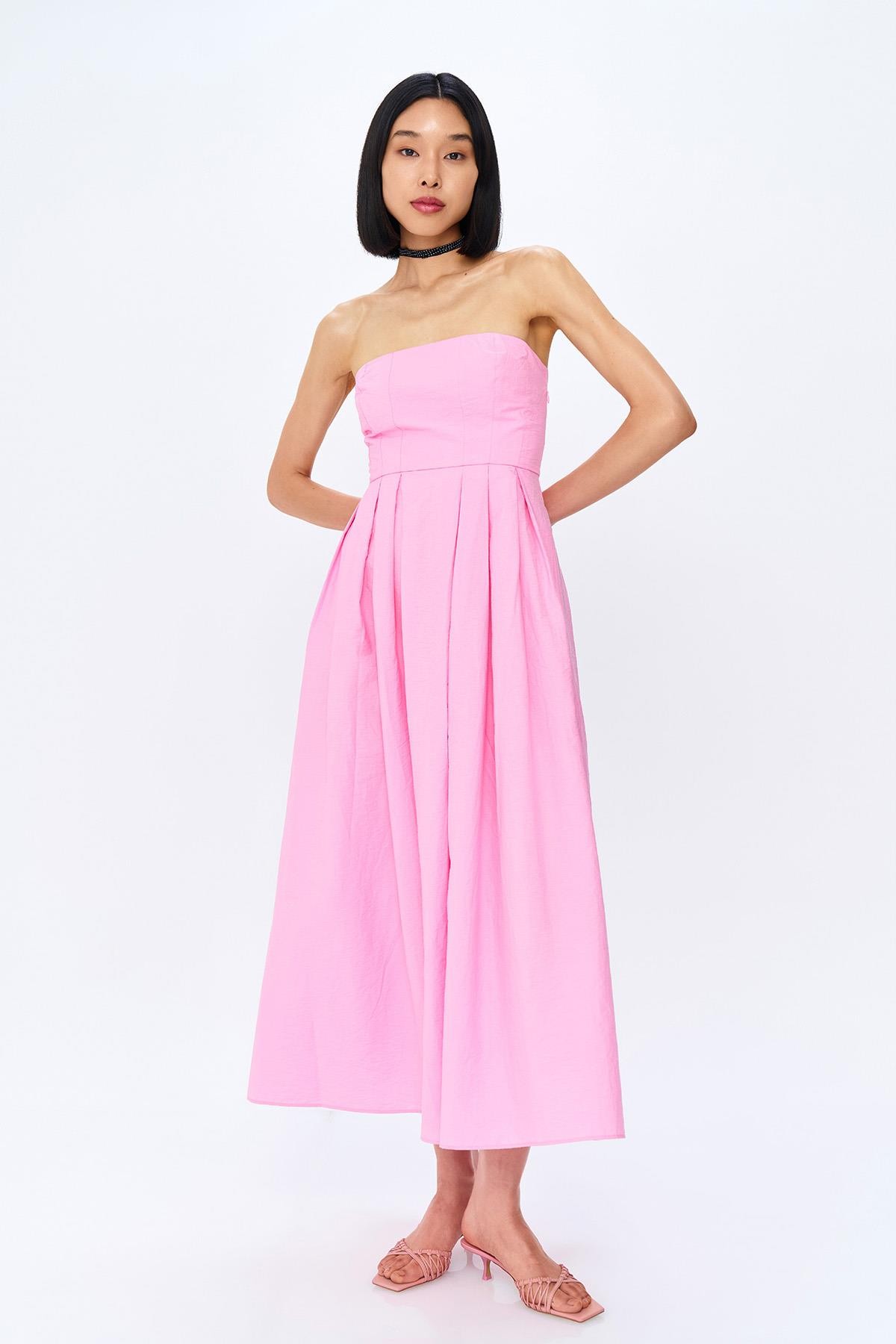 Quzu Straplez Midi Boy Elbise Pembe