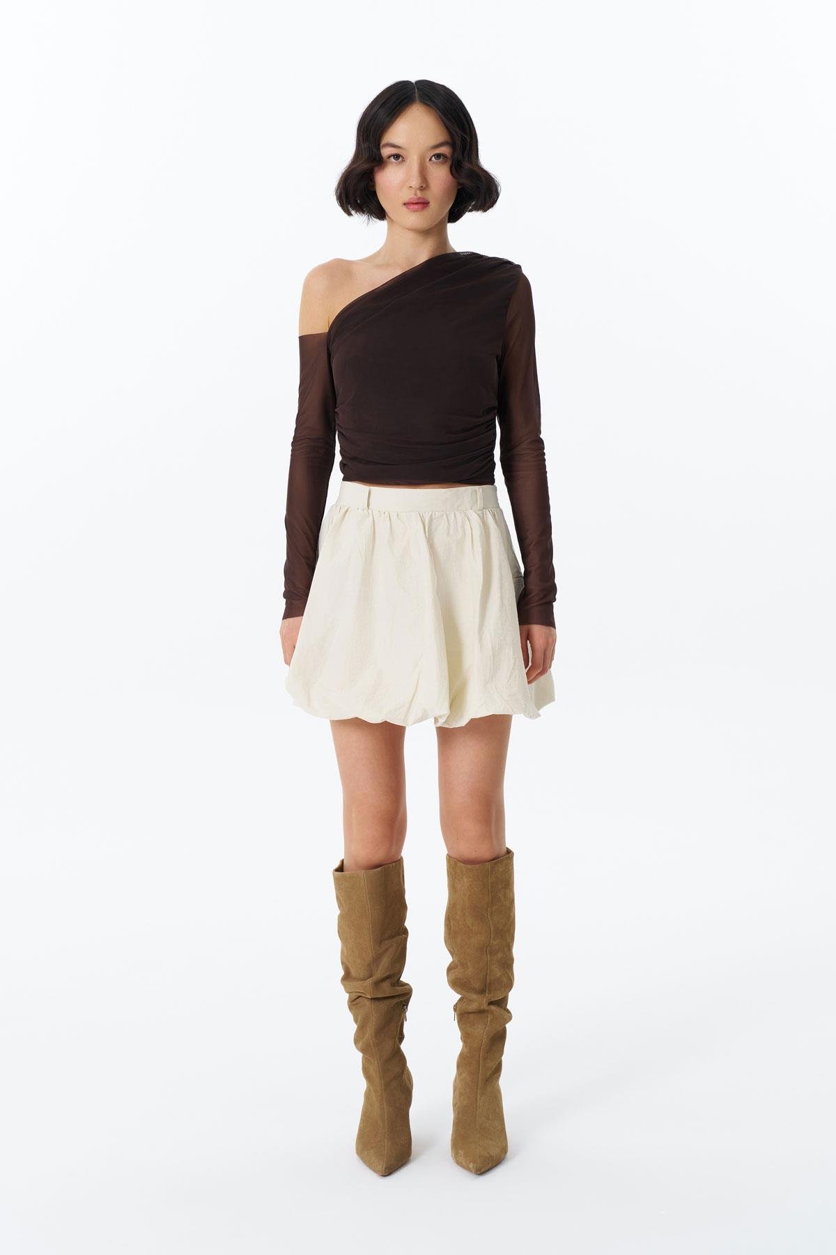 Quzu Tül Detaylı Bluz Kahve