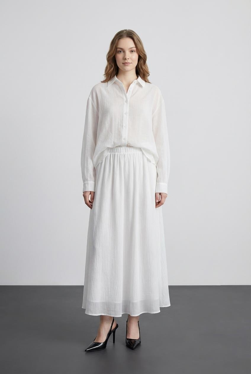 Quzu Uzun Kollu Transparan Gömlek Ekru