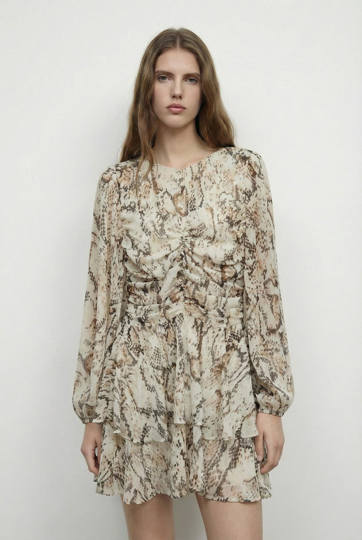 Quzu Yılan Desenli Elbise Bej