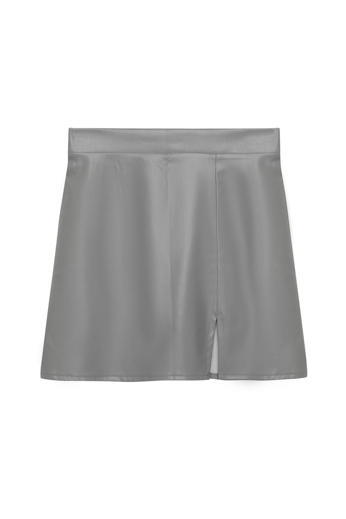 Quzu Yırtmaç Detaylı Deri Etek Gri