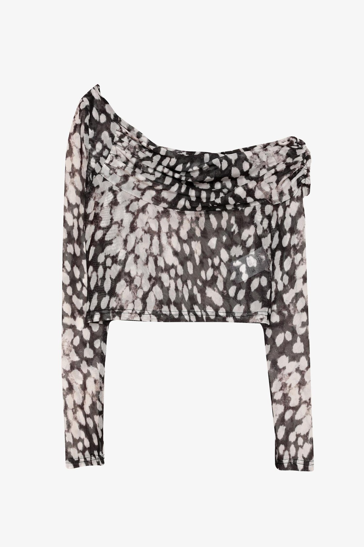 Quzu Asimetrik Desenli Tül Bluz Siyah