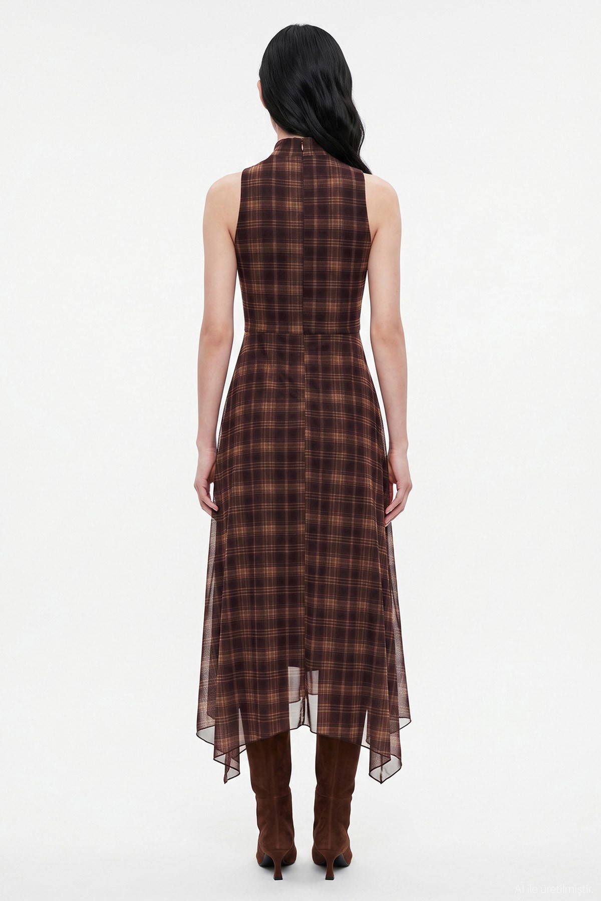 Quzu Asimetrik Midi Elbise Kahve