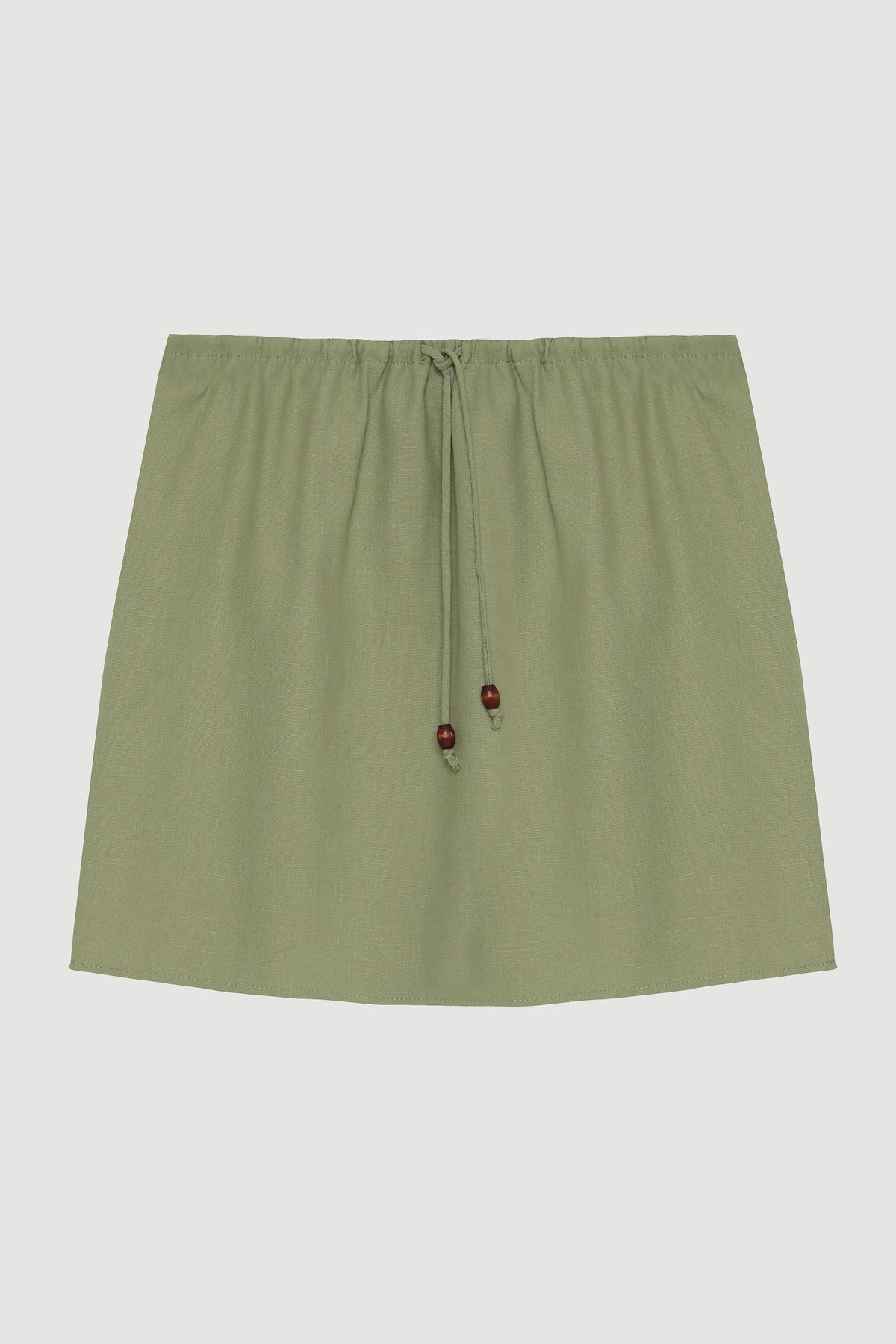 Quzu Bağcık Detaylı Keten Etek Haki