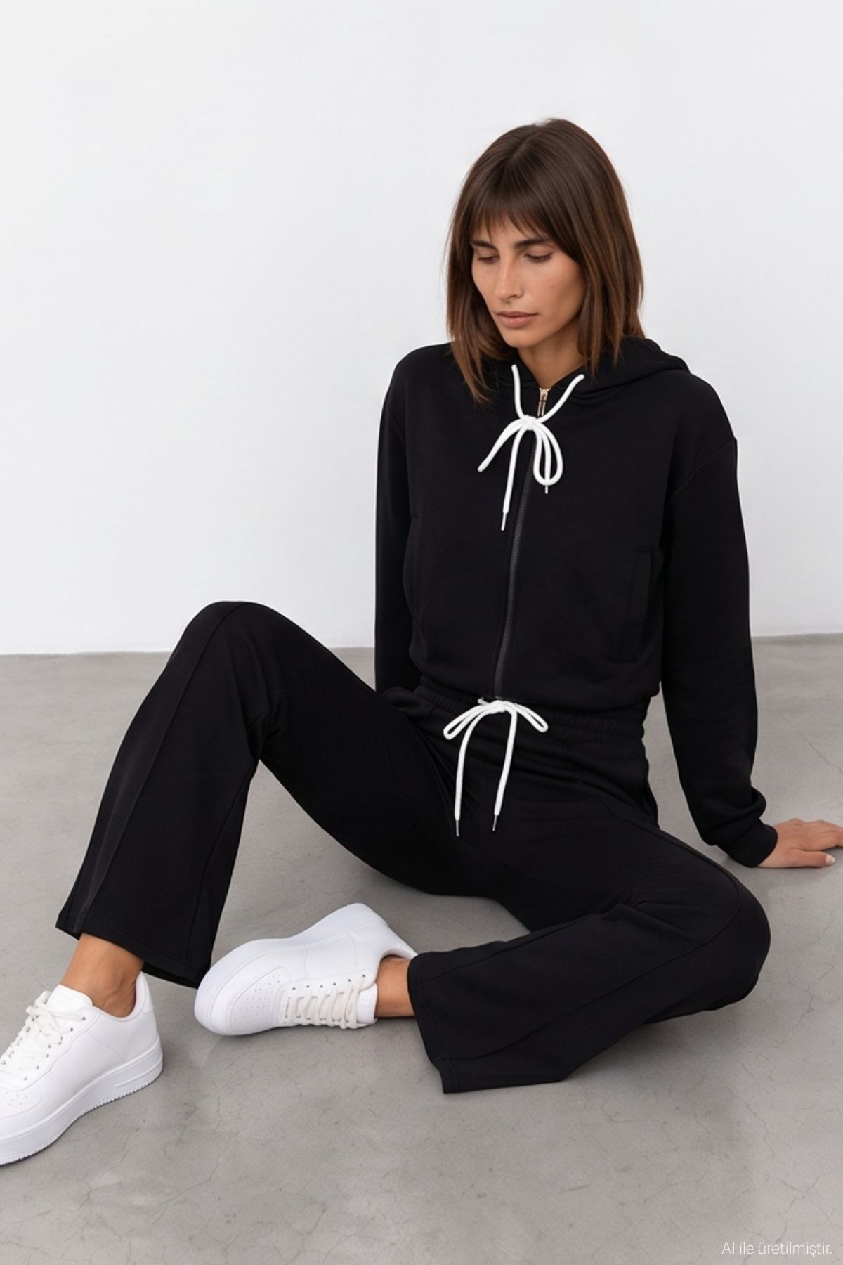 Quzu Bağcık Detaylı Sweatshirt Siyah