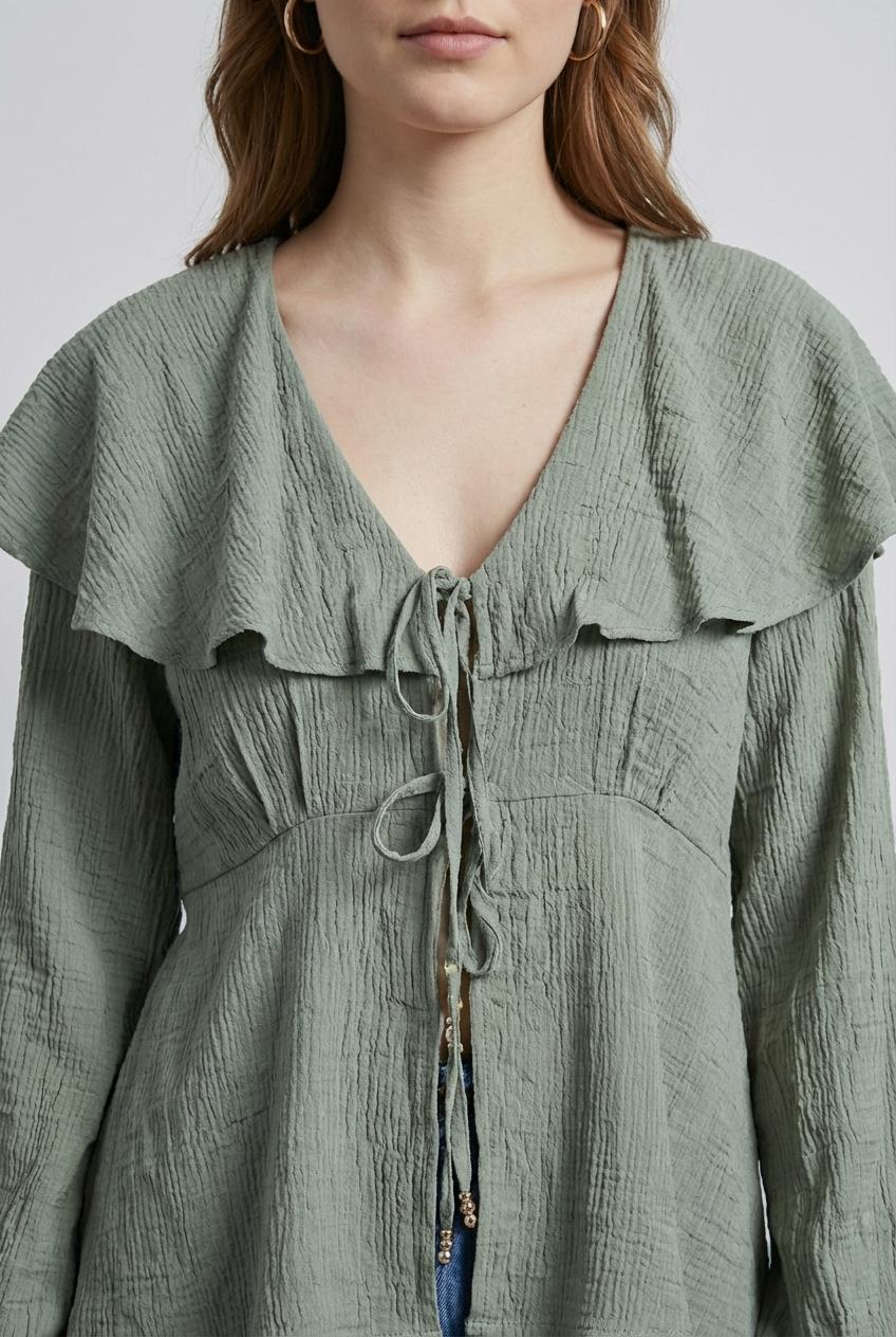 Quzu Bağlama Detaylı Bluz Haki