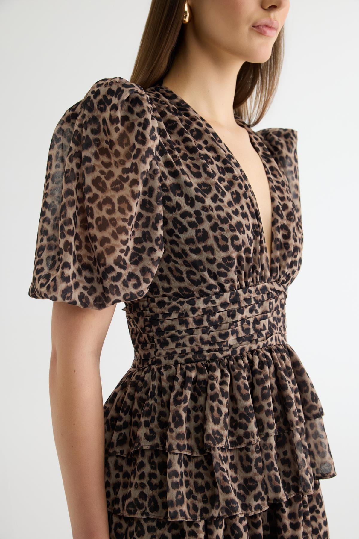 Quzu Balon Kol Fırfırlı Elbise Kahve