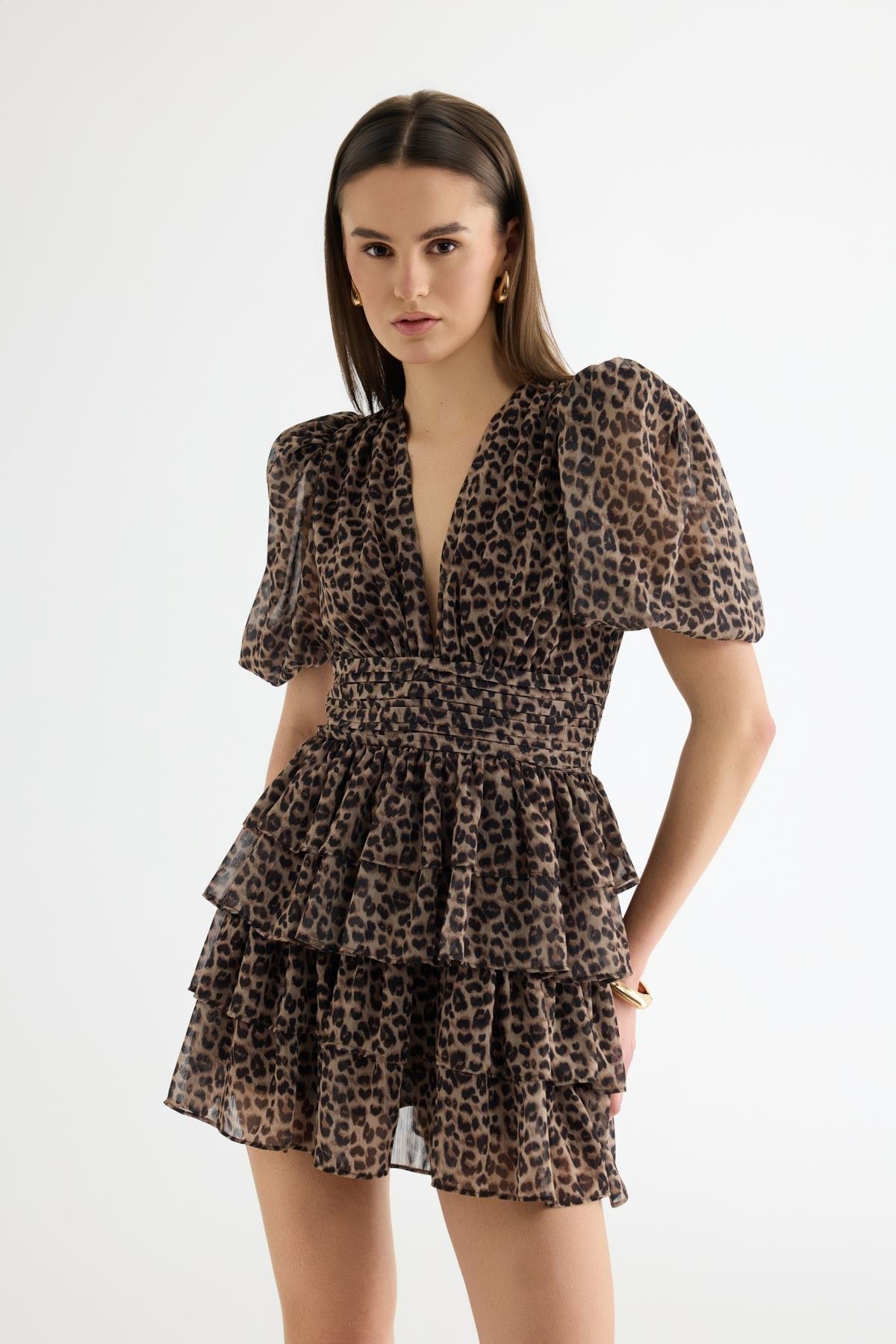 Quzu Balon Kol Fırfırlı Elbise Kahve