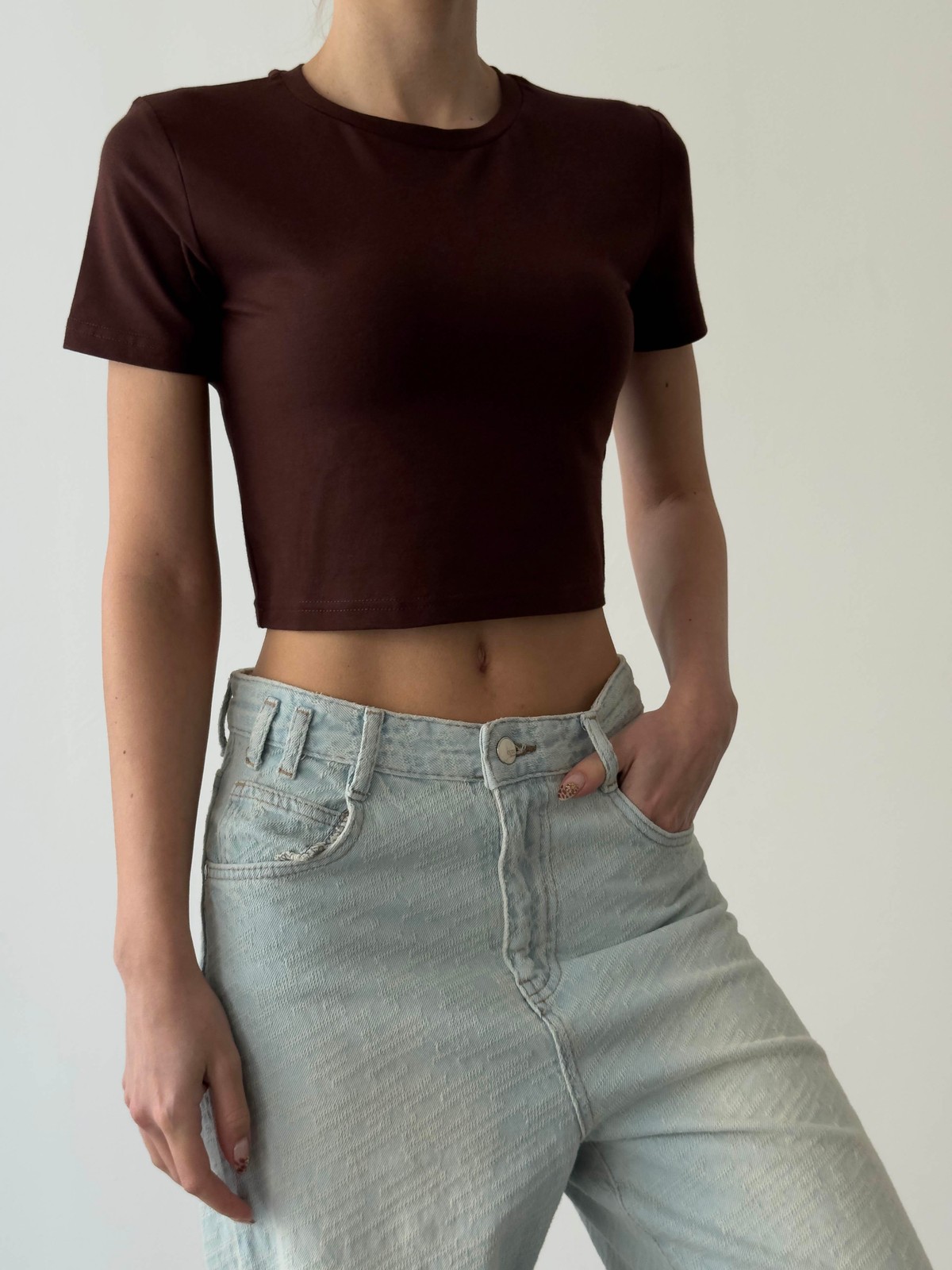 Quzu Basic Crop T-shirt Kahve