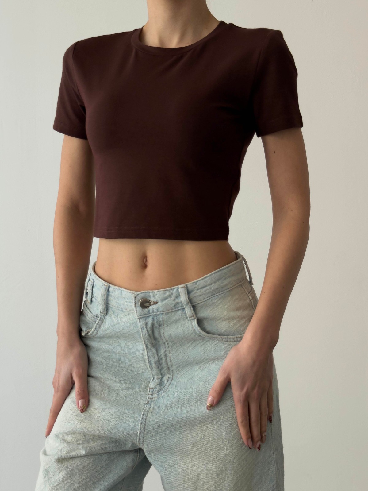 Quzu Basic Crop T-shirt Kahve