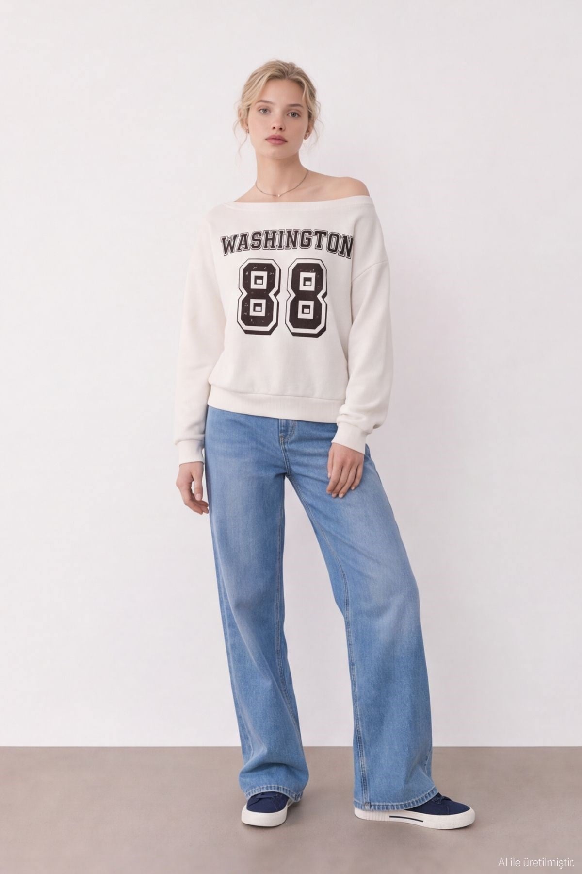 Quzu Baskı Deatylı Sweatshirt Ekru