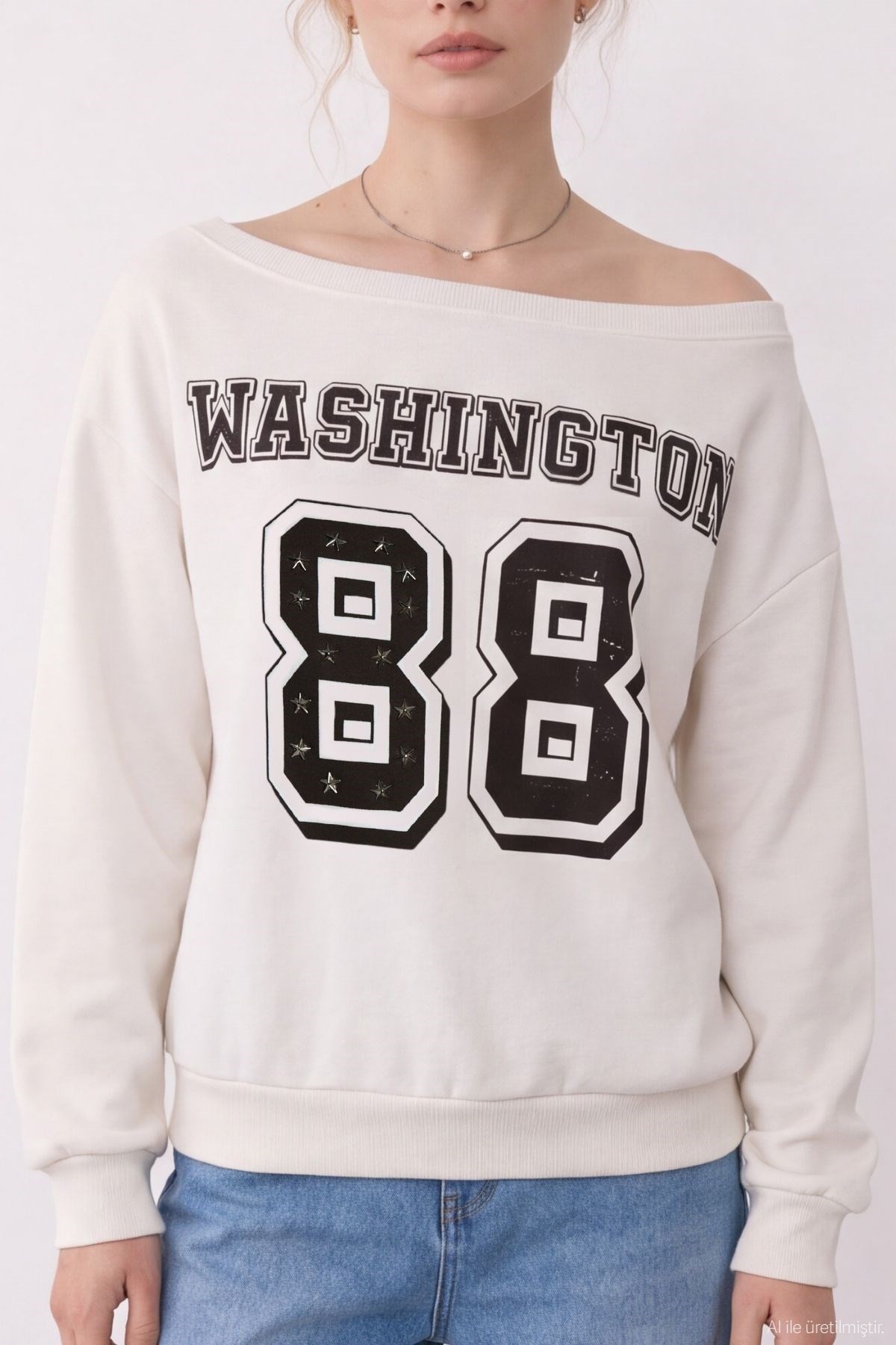 Quzu Baskı Deatylı Sweatshirt Ekru