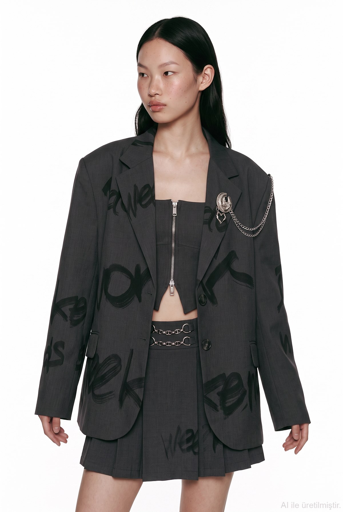 Quzu Baskı Detaylı Blazer Ceket Gri