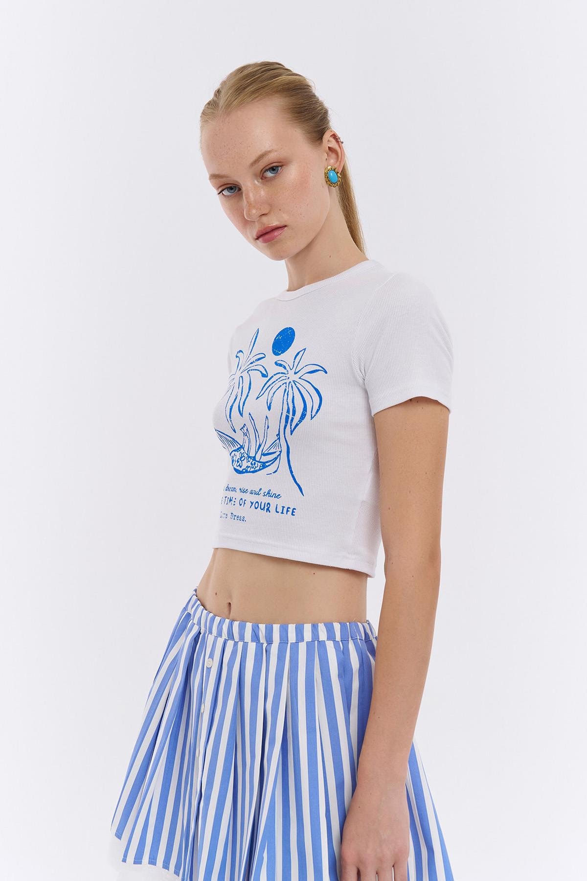 Quzu Baskı Detaylı Kaşkorse T-shirt Beyaz