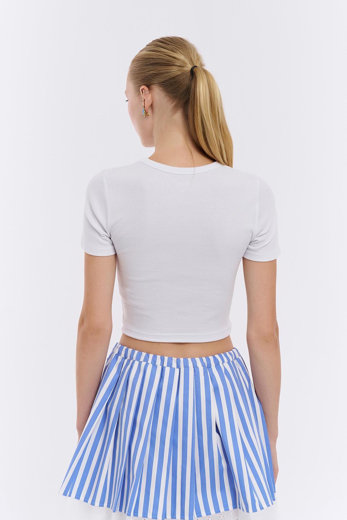 Quzu Baskı Detaylı Kaşkorse T-shirt Beyaz