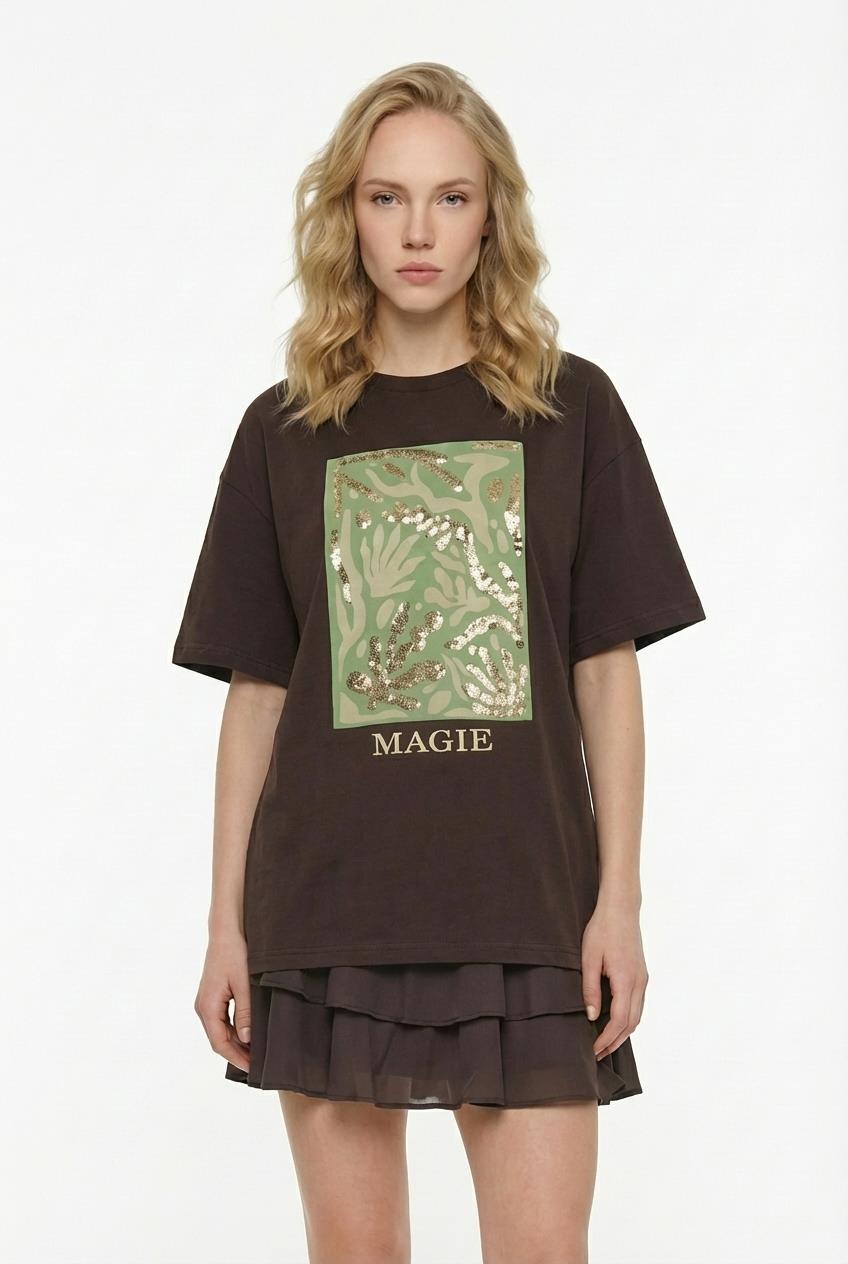 Quzu Baskı Detaylı Oversize T-shirt Kahve
