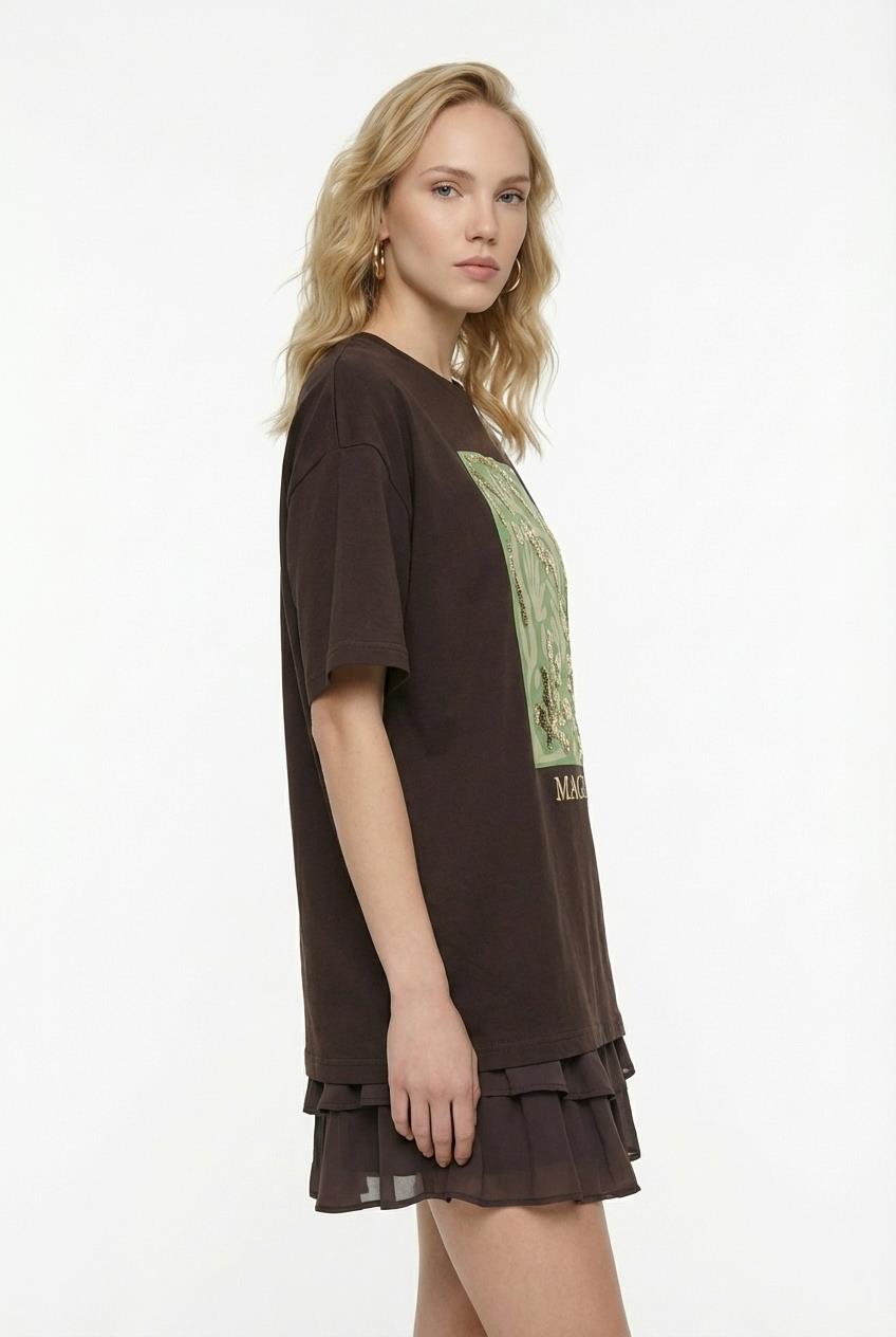 Quzu Baskı Detaylı Oversize T-shirt Kahve