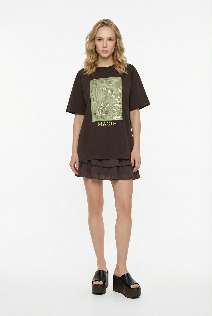 Quzu Baskı Detaylı Oversize T-shirt Kahve