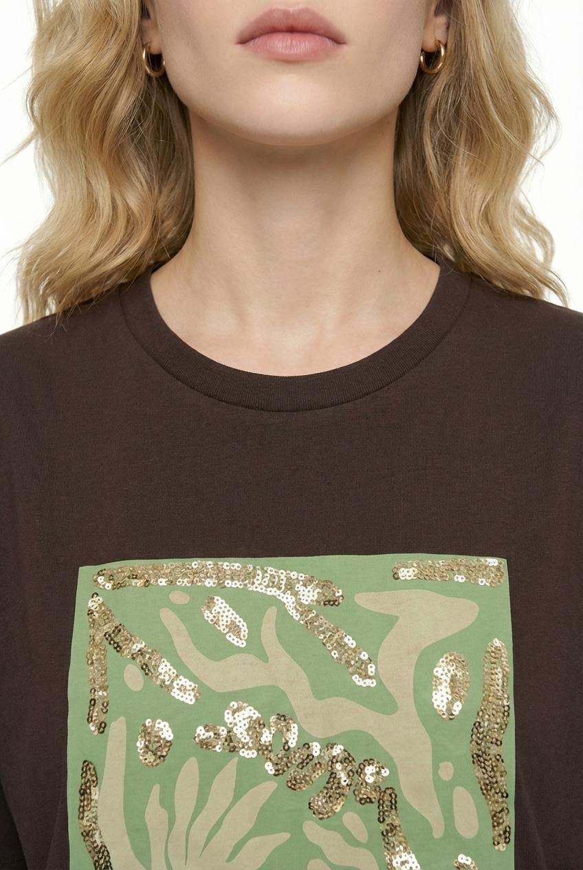 Quzu Baskı Detaylı Oversize T-shirt Kahve