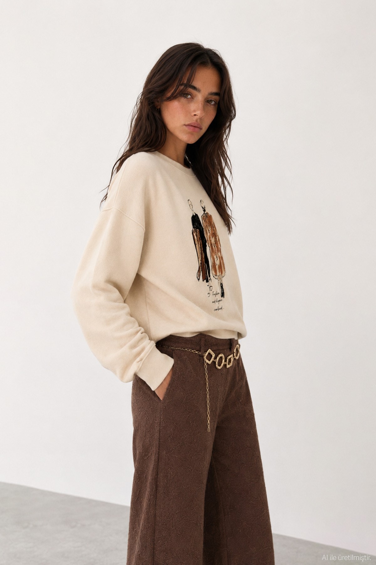 Quzu Baskı Detaylı Sweatshirt Bej