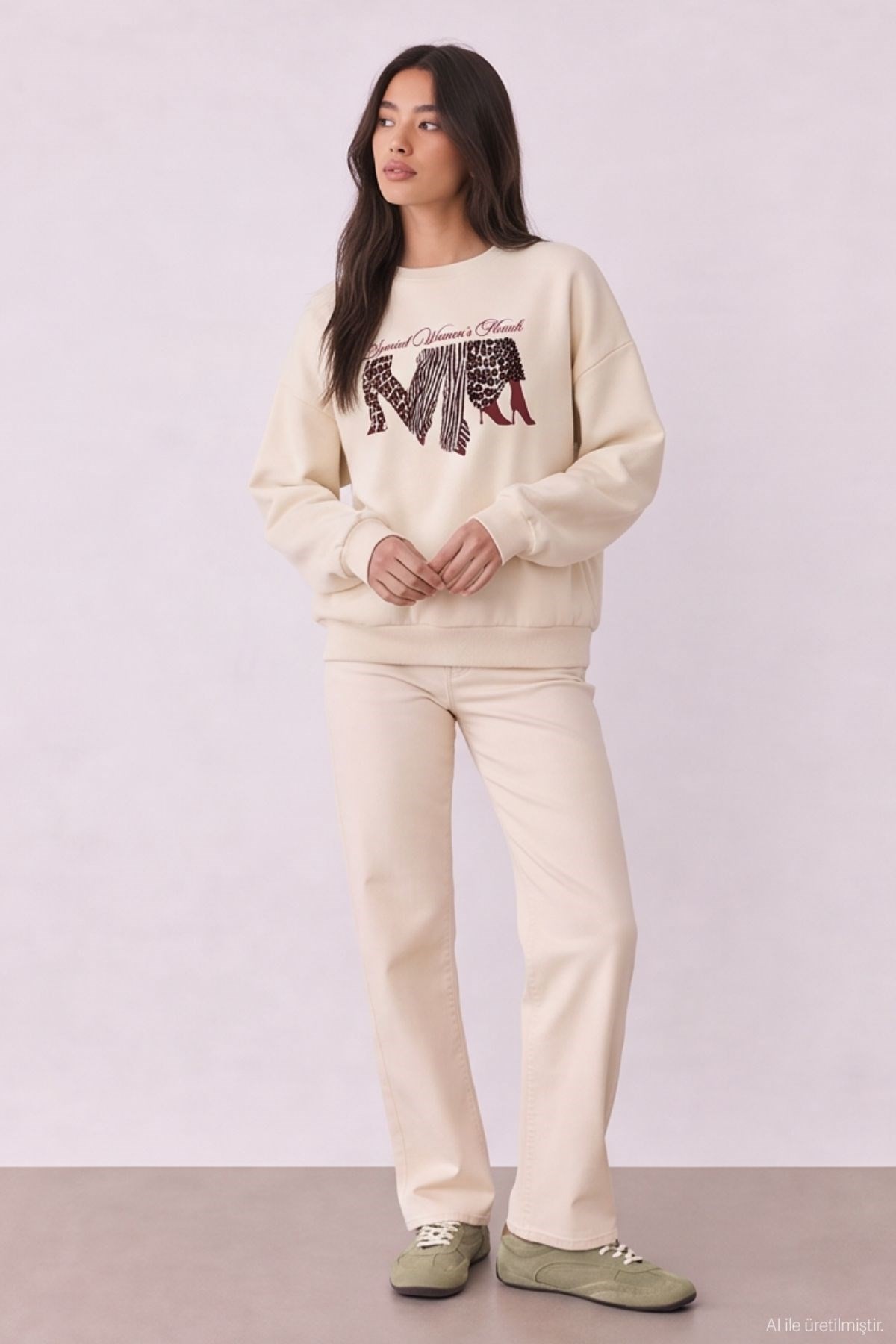 Quzu Baskı Detaylı Sweatshirt Bej