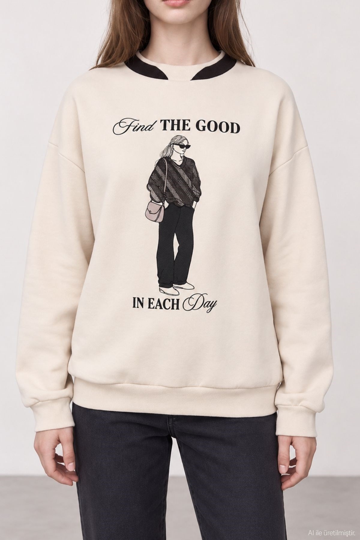 Quzu Baskı Detaylı Sweatshirt Bej