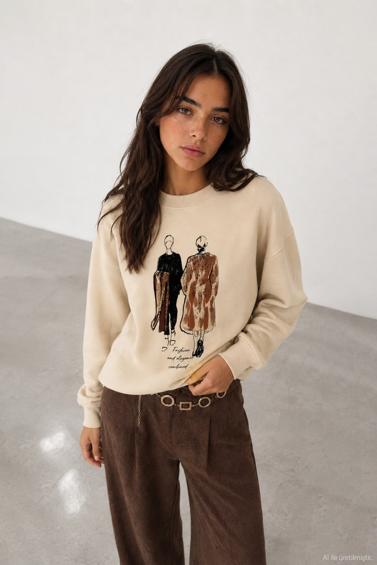 Quzu Baskı Detaylı Sweatshirt Bej
