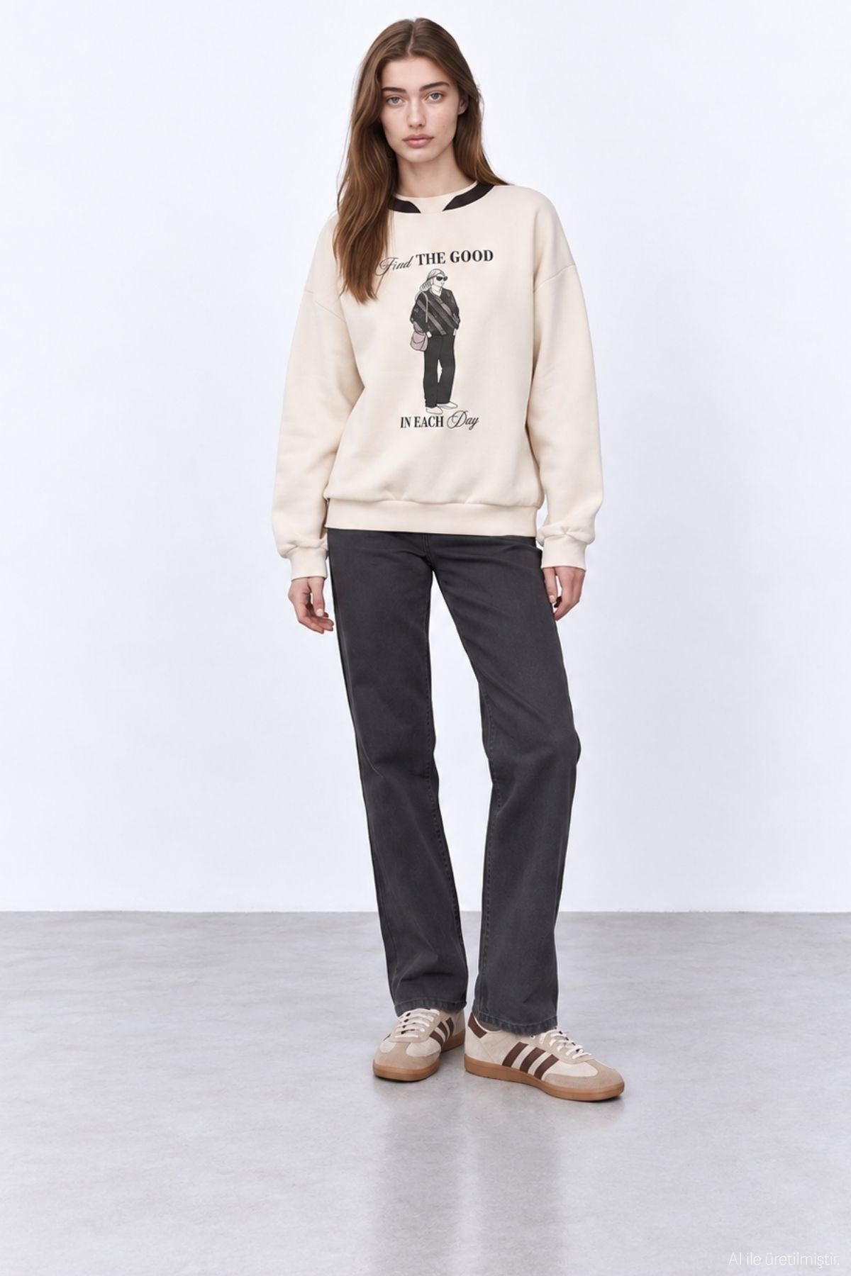 Quzu Baskı Detaylı Sweatshirt Bej
