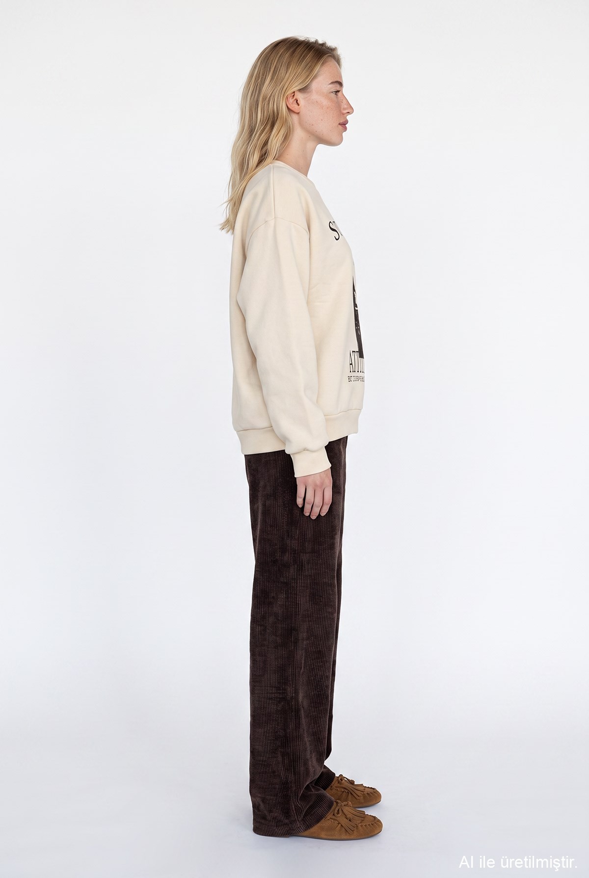 Quzu Baskı Detaylı Sweatshirt Bej