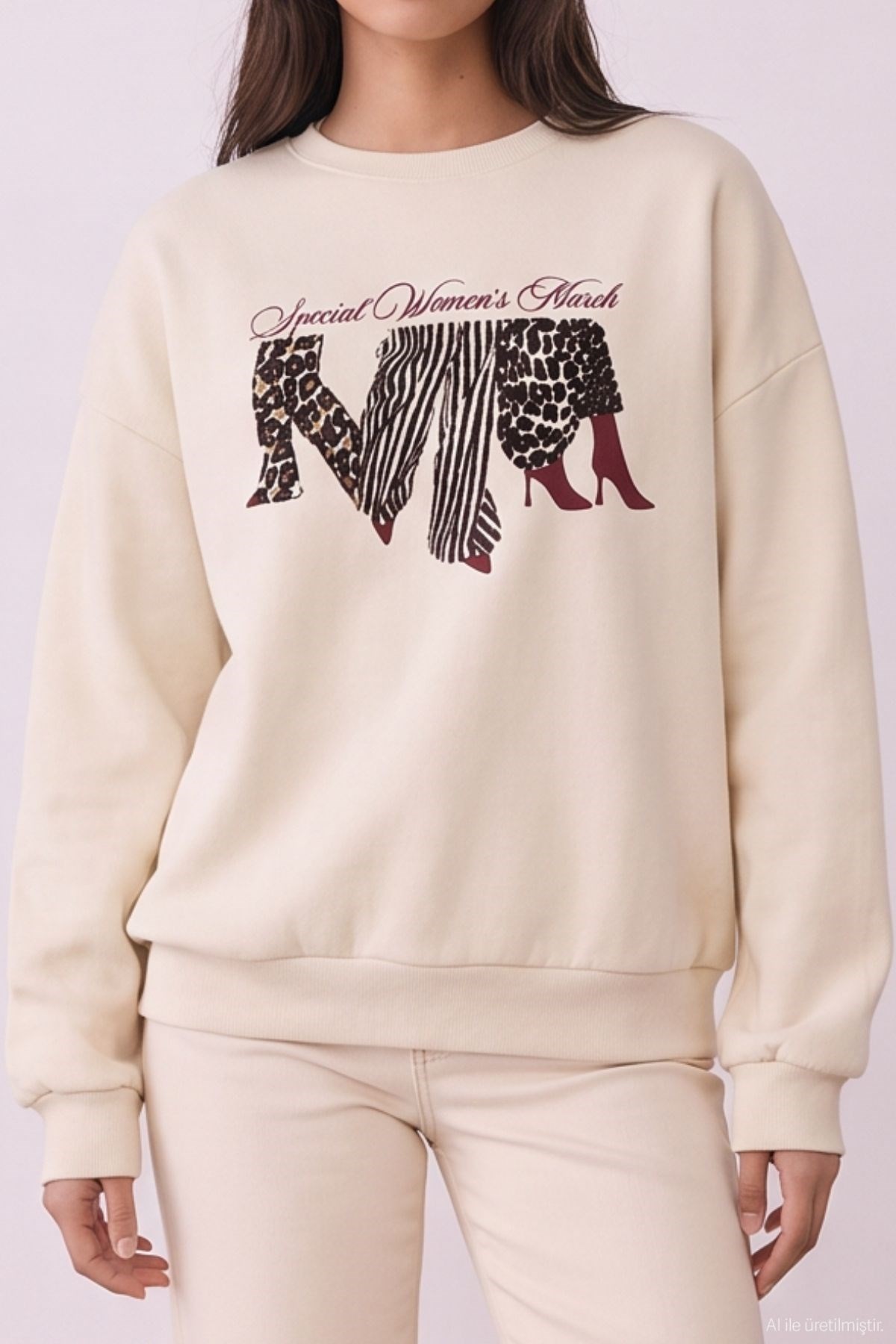 Quzu Baskı Detaylı Sweatshirt Bej