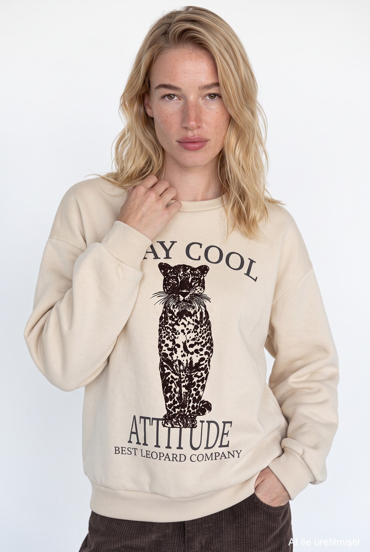 Quzu Baskı Detaylı Sweatshirt Bej