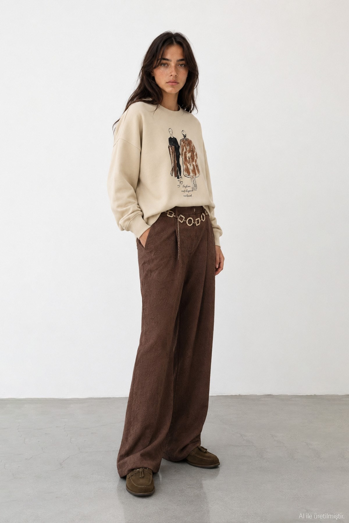 Quzu Baskı Detaylı Sweatshirt Bej