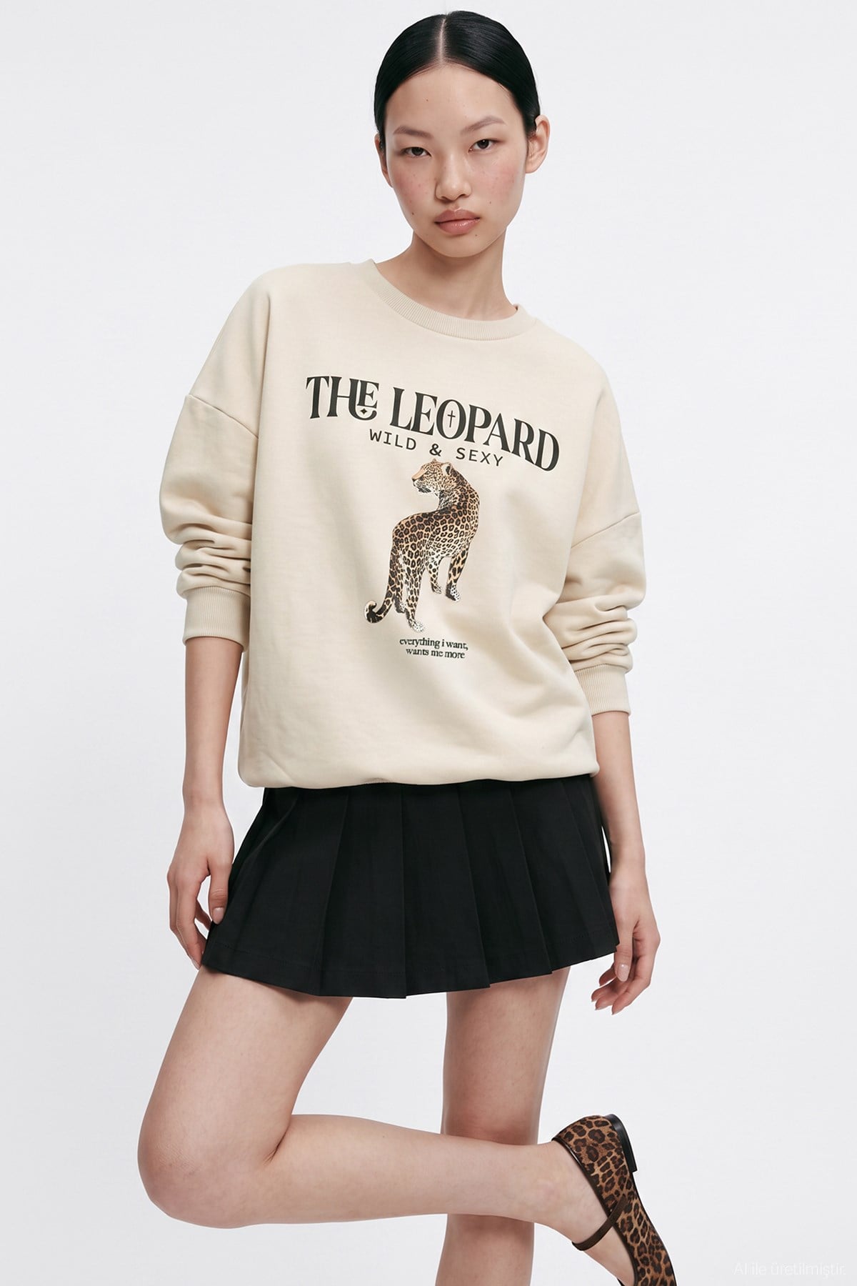 Quzu Baskı Detaylı Sweatshirt Bej