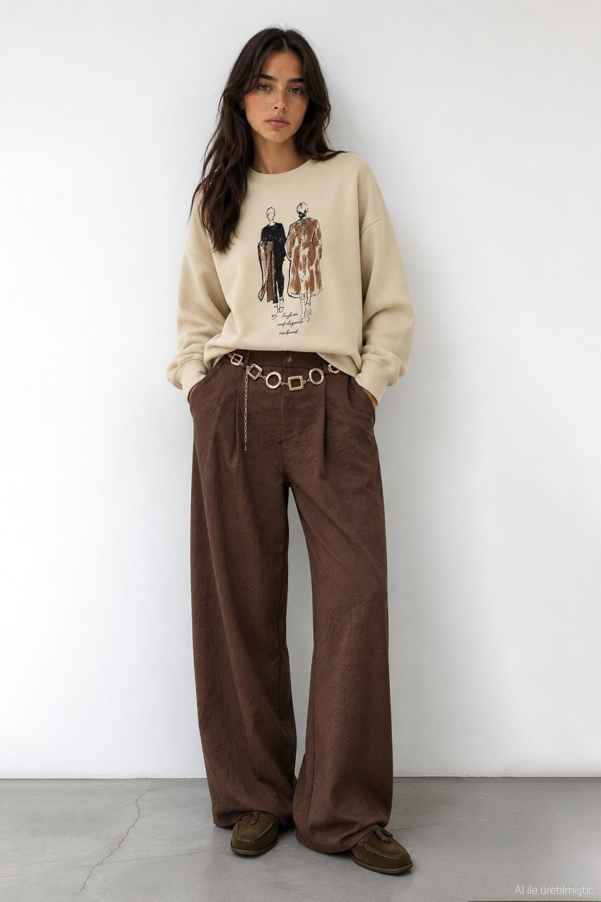 Quzu Baskı Detaylı Sweatshirt Bej