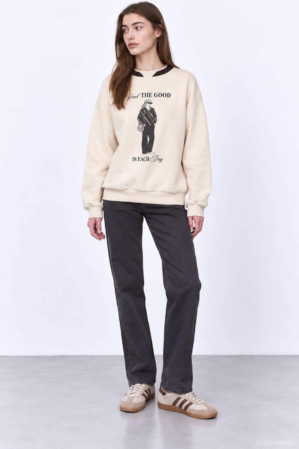 Quzu Baskı Detaylı Sweatshirt Bej